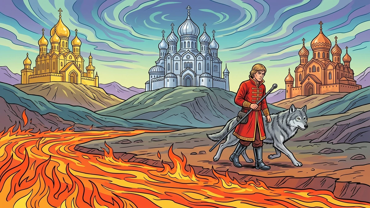 Ivan Tsarevich crosses the three kingdoms of gold, silver and copper with the grey wolf, past the river of fire, on his quest to redeem Vasilisa
