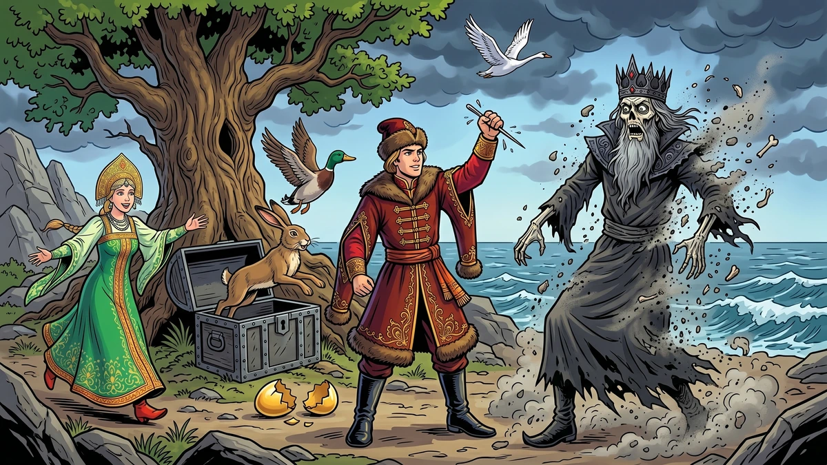 On the island of Buyan, Ivan breaks the needle and Koschei the Deathless crumbles to dust while Vasilisa runs to him beneath the oak with chest, hare, duck and egg