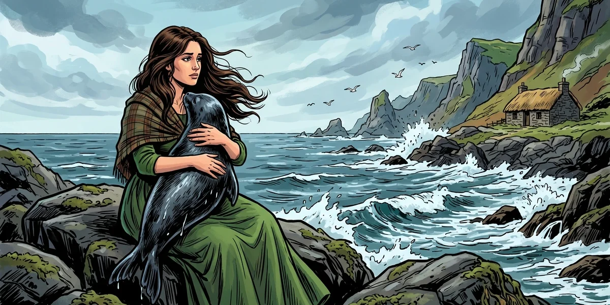 A selkie woman cradling her seal skin on the rocky Scottish shore in The Selkie Wife folk tale