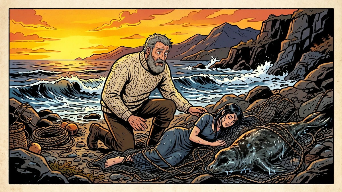 A Scottish fisherman discovers the selkie woman tangled in his fishing nets at sunset