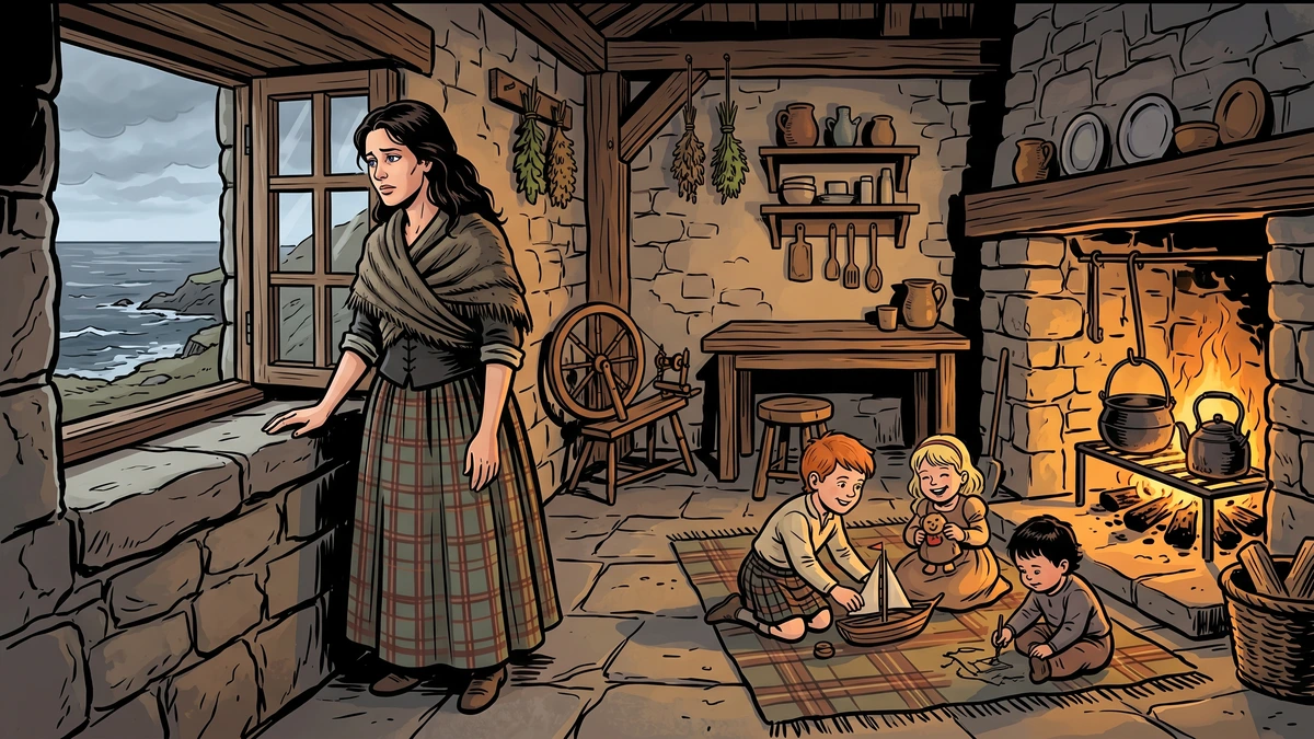The selkie wife gazes longingly at the sea from her cottage window as her children play by the hearth
