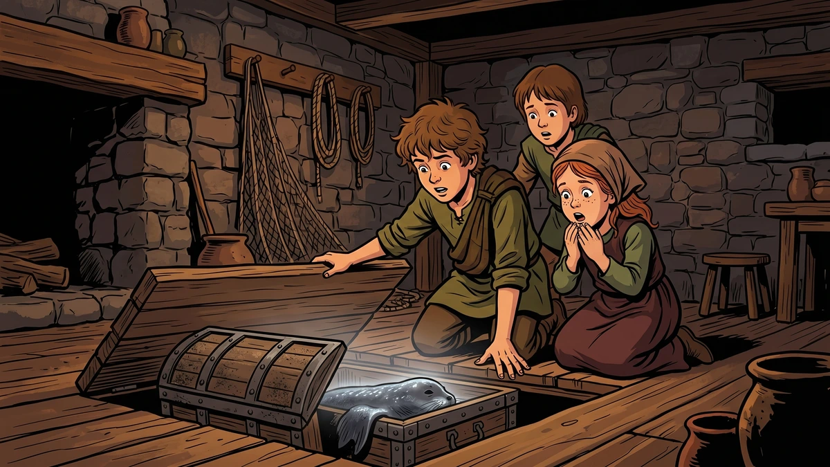 The three children discover their mother's hidden seal skin beneath a loose floorboard