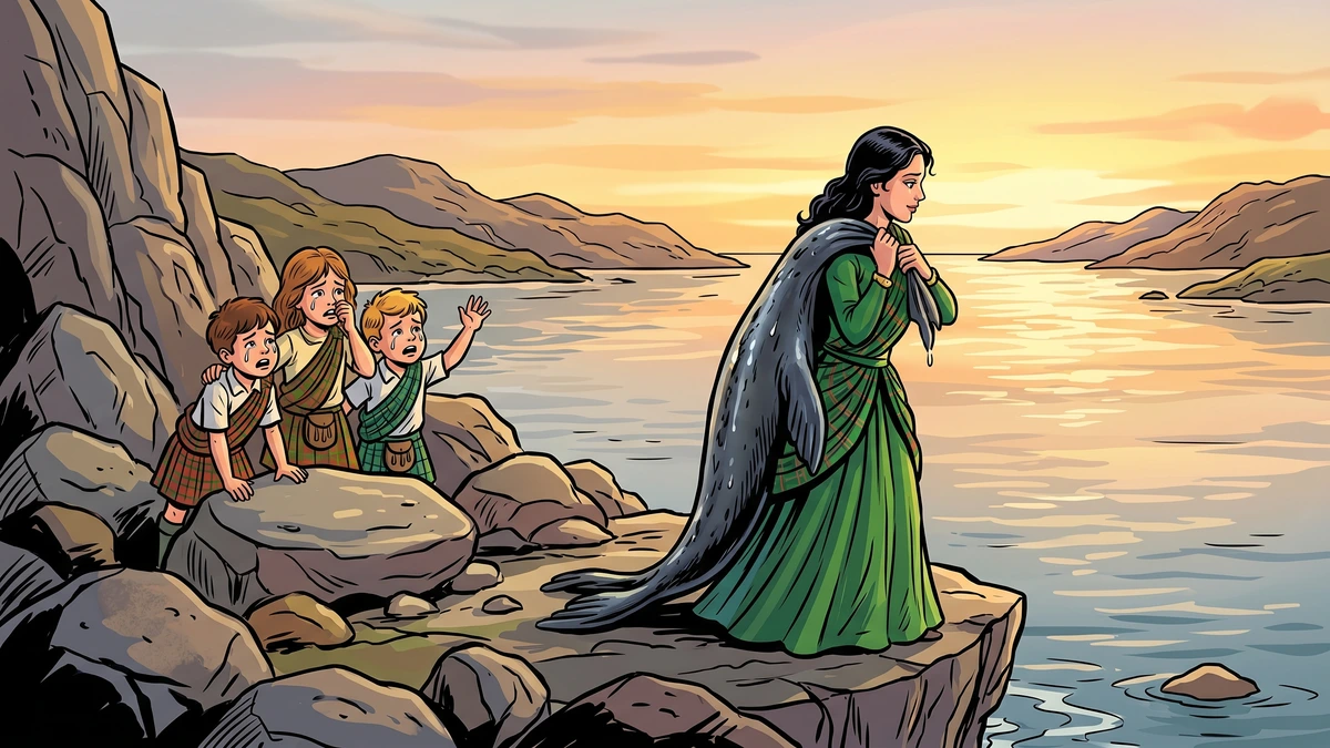 The selkie wife draws on her seal skin to return to the sea as her children watch from the rocks