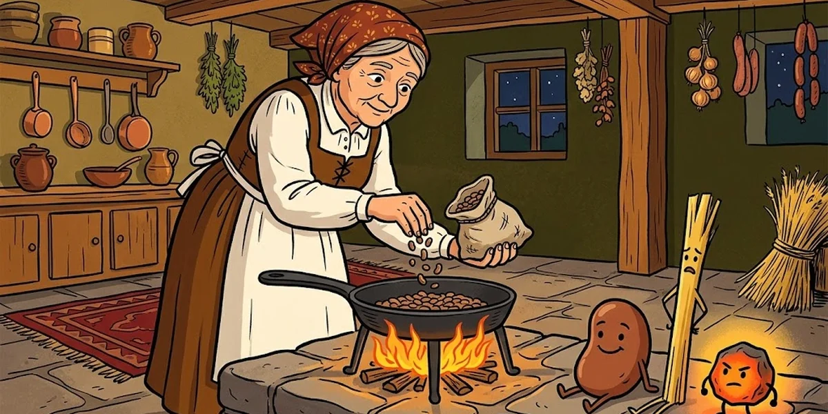 Brothers Grimm KHM 18 Strohhalm Kohle und Bohne — old Hessian peasant woman cooks beans by the hearth as bean, straw and coal slip free, ACK storybook style.