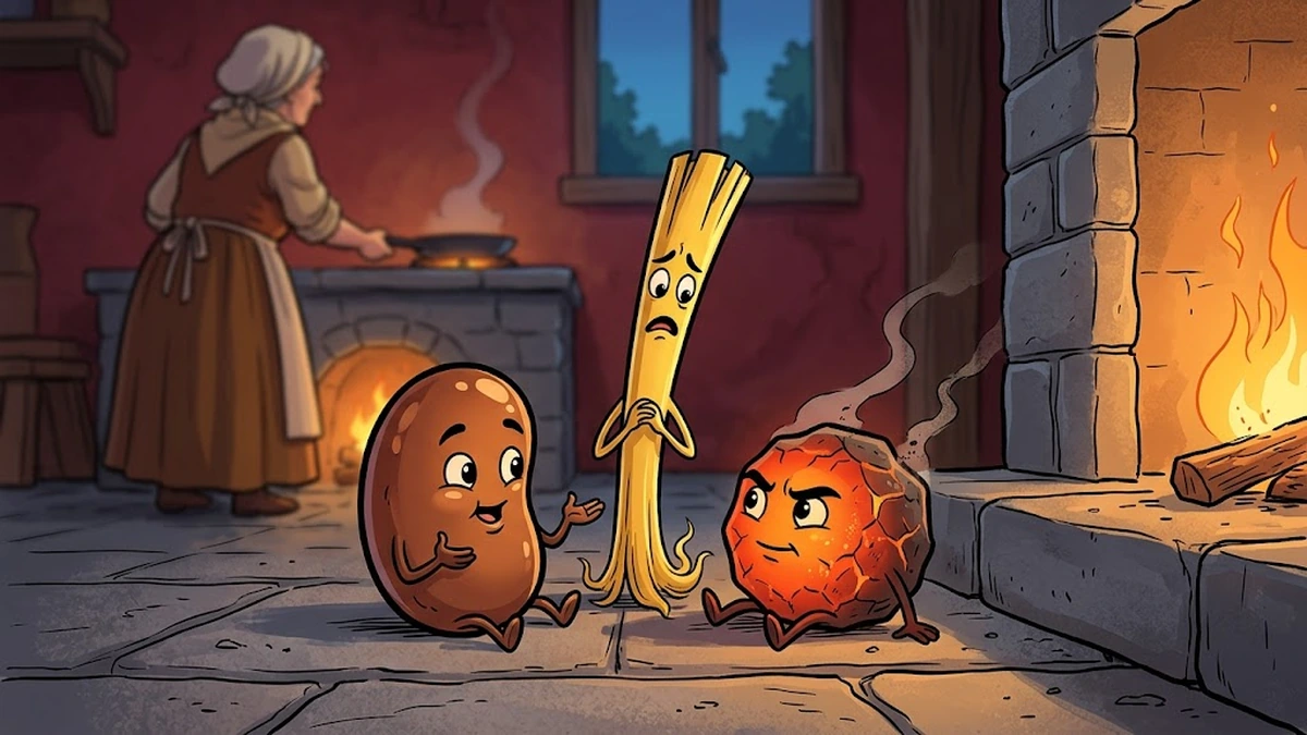 Bean, straw and coal meet beside the kitchen hearth and resolve to escape together — Grimm KHM 18.