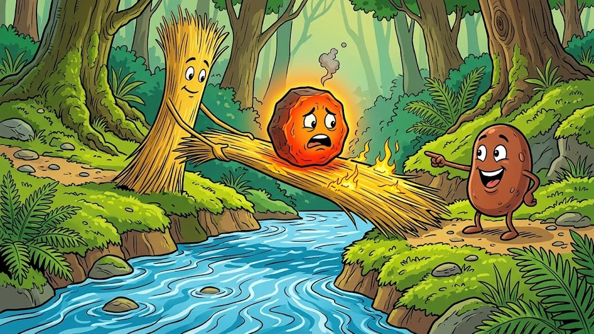 The straw bridge catches fire as the coal pauses halfway across the brook — Grimm KHM 18.