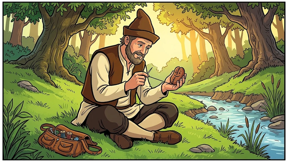 A travelling tailor stitches the split bean with black thread on the riverbank — Grimm KHM 18.
