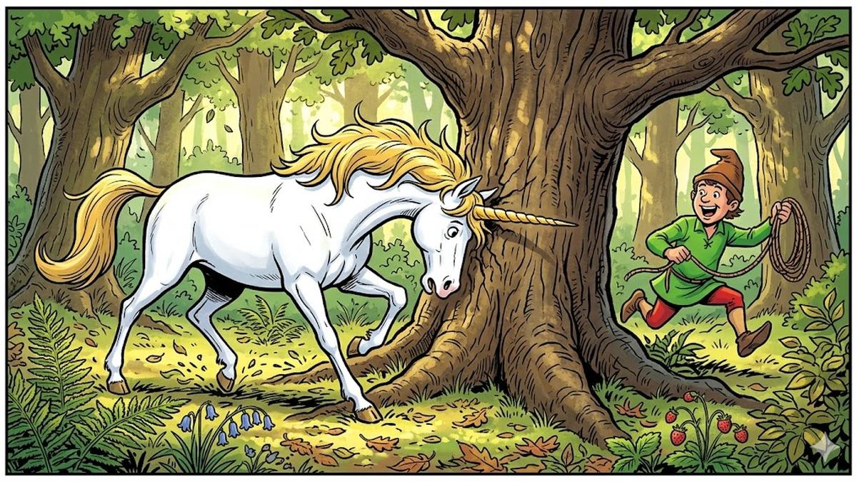 The unicorn captured with horn lodged in oak tree, by the tailor — ACK illustration