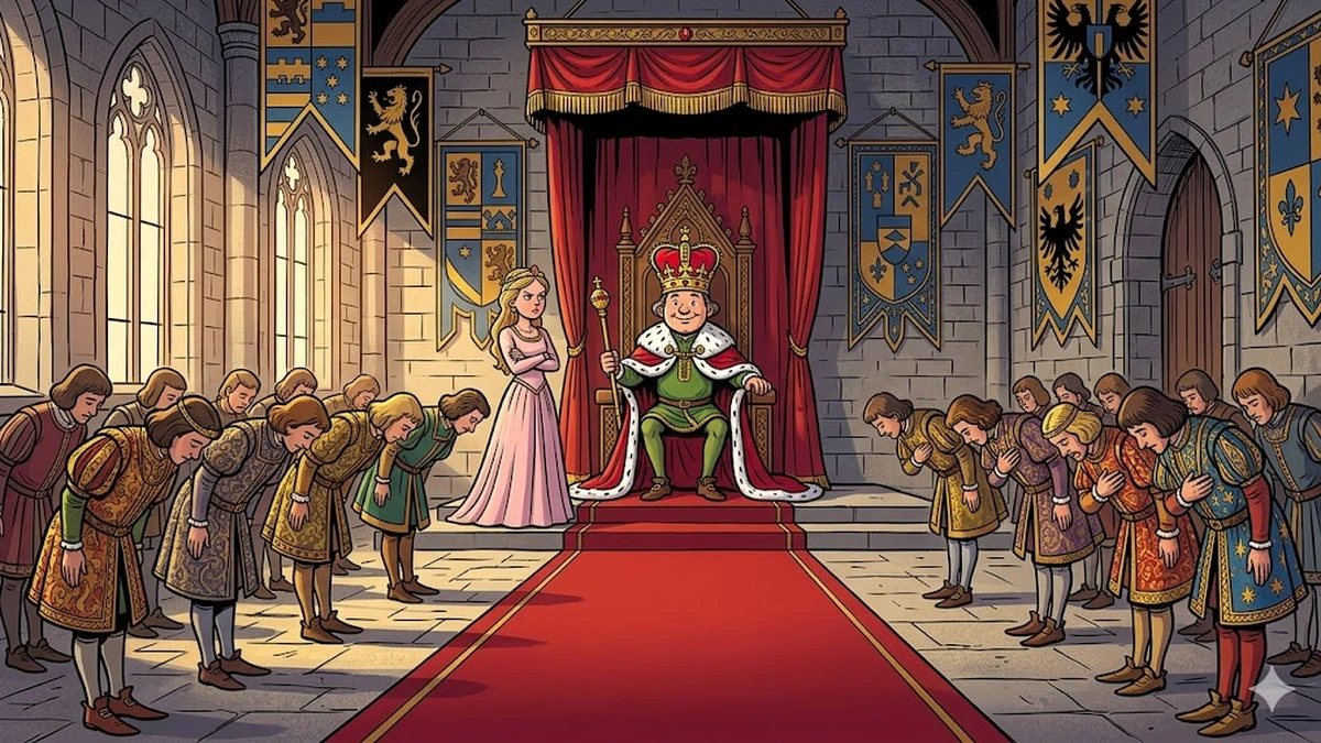 The tailor crowned king on the throne with the disapproving princess — ACK illustration