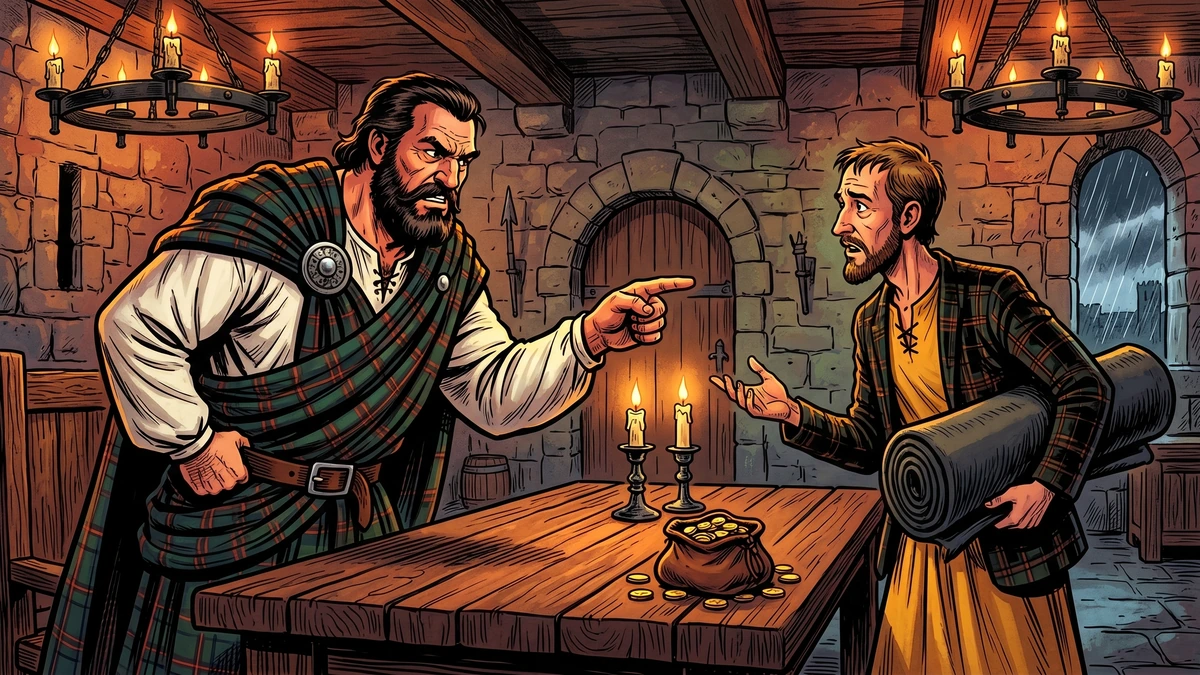 Scottish Highland chief in tartan plaid wagers gold with a Scottish tailor in saffron-yellow leine inside a stone castle hall in 17th-century Argyll.