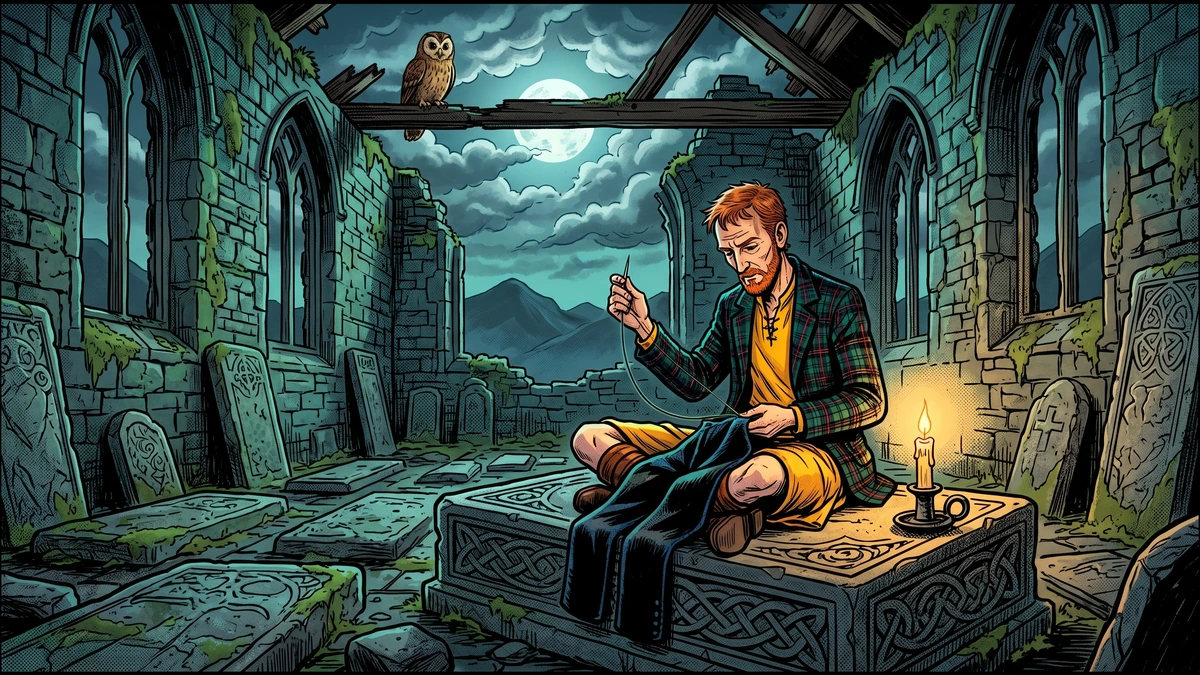Scottish tailor in saffron-yellow leine sews dark wool trews on a carved grave-slab inside the roofless ruined nave of Saddell Abbey at midnight under a moonlit Highland sky.