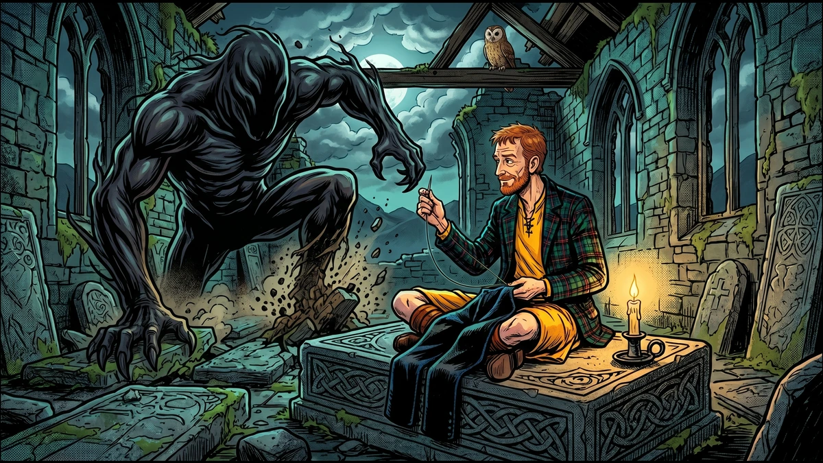 A massive dark shadow-creature with enormous limbs rises from the flagstones of the ruined Highland abbey at night as the Scottish tailor sits calmly on his grave-slab with needle in hand.