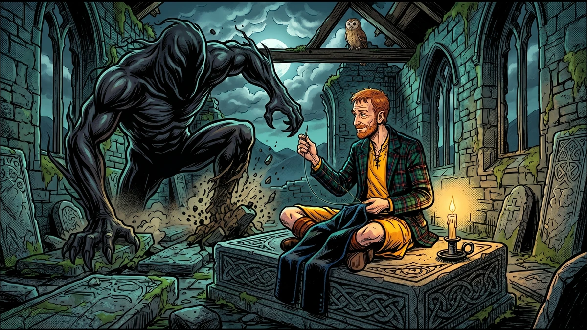 The Scottish tailor in saffron-yellow leine and tartan jacket sprints through the stone gateway of a ruined Highland abbey at dawn, finished trews under his arm, as the shadow-creature presses deep finger-marks into the lintel above.