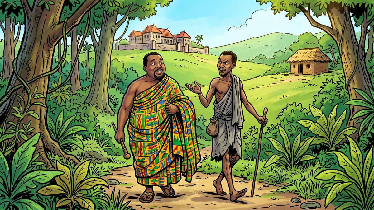 Anansi and Nothing - Anansi persuades Nothing to lend him his fine kente cloth on the road, vibrant Amar Chitra Katha style