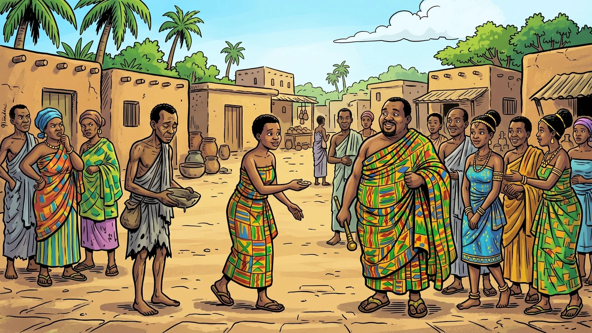 Anansi and Nothing - in the town of wives, Anansi in borrowed finery is admired while Nothing stands in rags, vibrant Amar Chitra Katha style