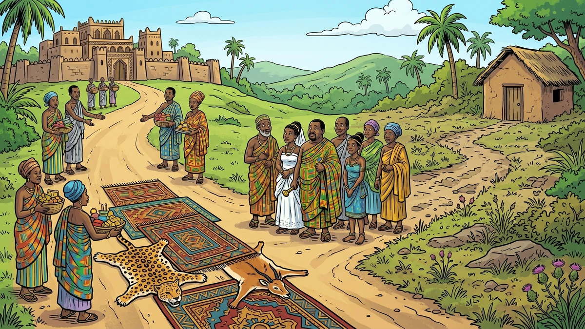 Anansi and Nothing - the forked crossroads, one road carpeted to a palace and one rough to a hut, vibrant Amar Chitra Katha style