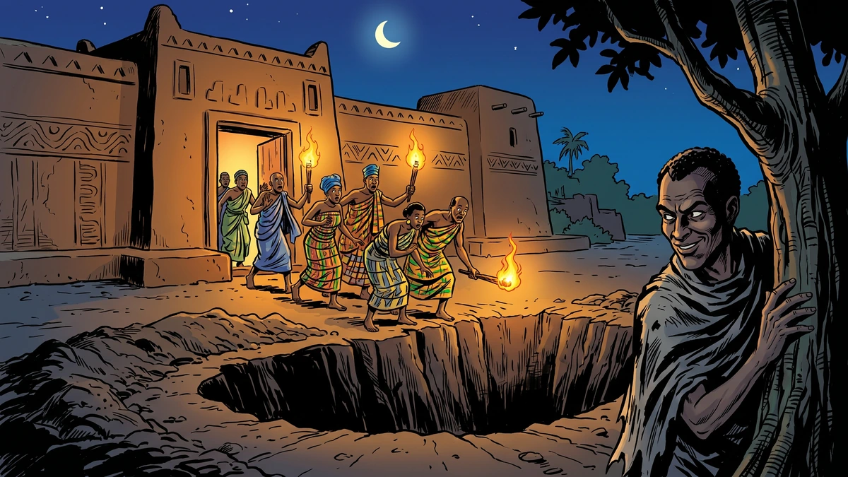 Anansi and Nothing - the torchlit night and the knife-lined pit before the palace, vibrant Amar Chitra Katha style