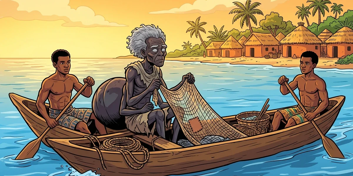 Anansi the blind fisherman seated in a wooden canoe between his two kind Akan helpers, Amar Chitra Katha style comic illustration