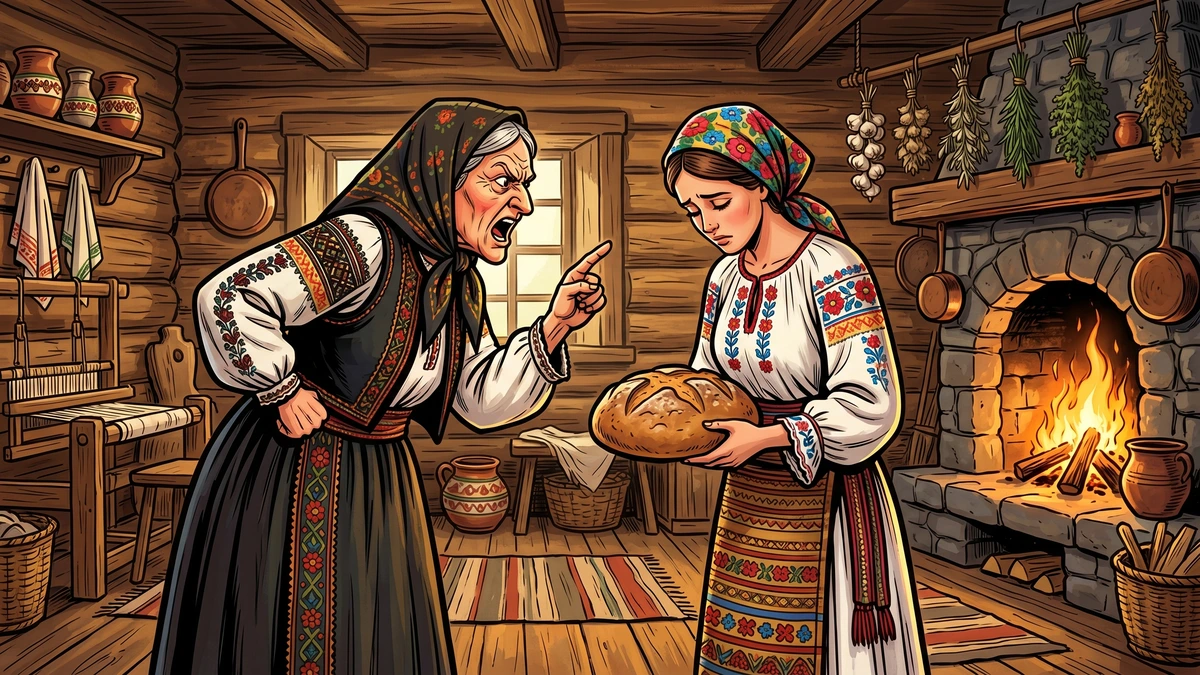 Baba Dochia harshly scolding her gentle daughter-in-law Elena in the Carpathian manor kitchen