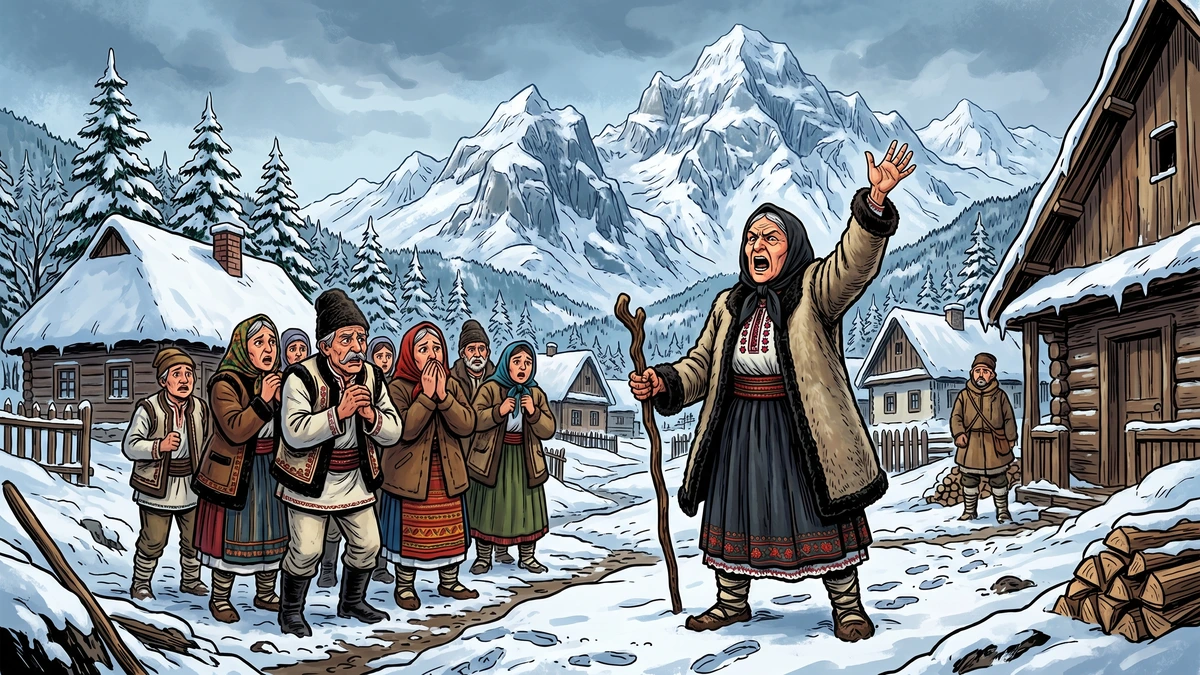Baba Dochia boasting defiantly against the snowy mountains as frightened Romanian villagers watch