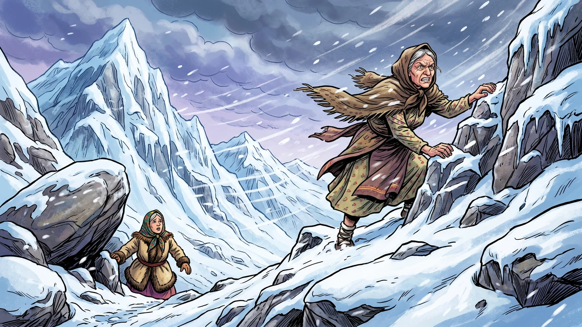 Baba Dochia climbing the bare snow-covered Carpathian peak in a thin shawl as Elena follows below