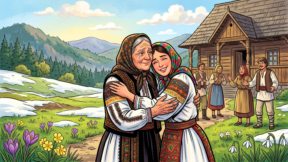 A humbled, transformed Baba Dochia embracing Elena outside the manor as spring returns to the Carpathians