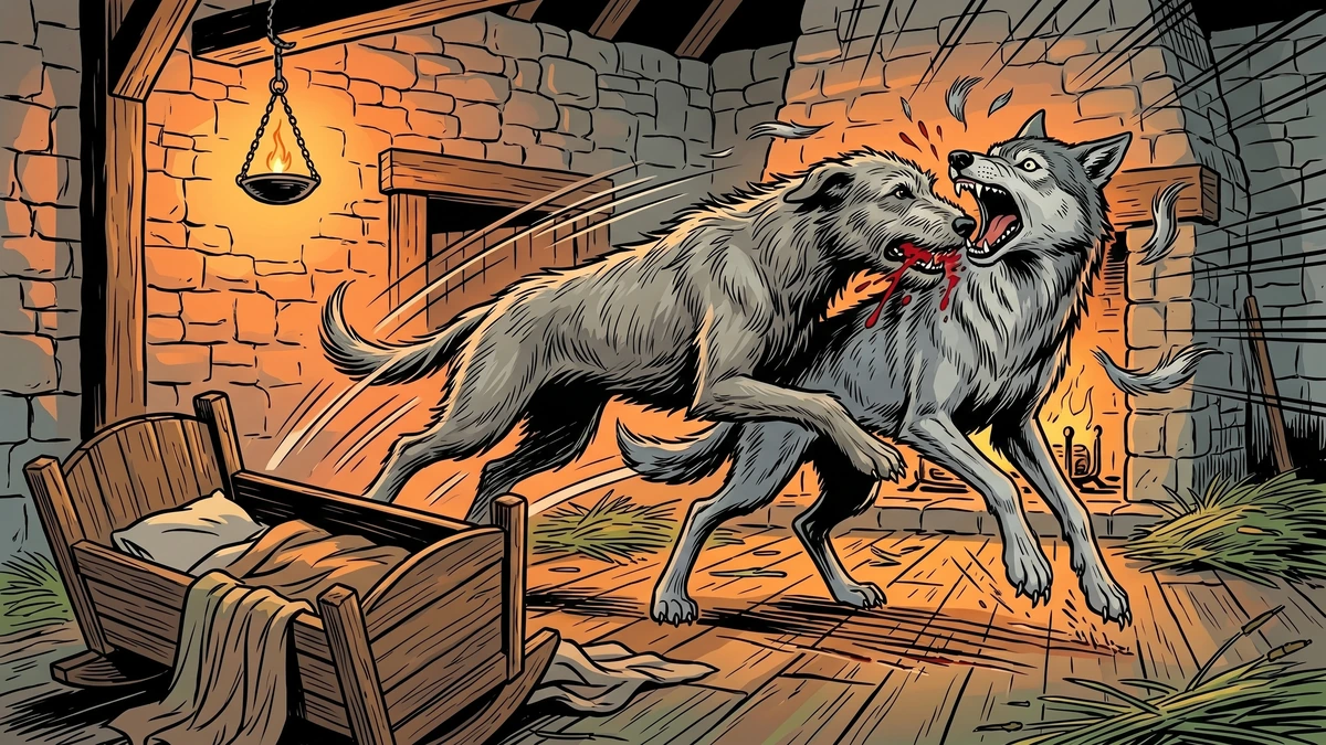 Gelert fights the gaunt grey wolf inside the Welsh lodge