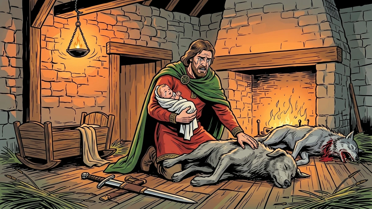 Llywelyn discovers his son alive and Gelert dead