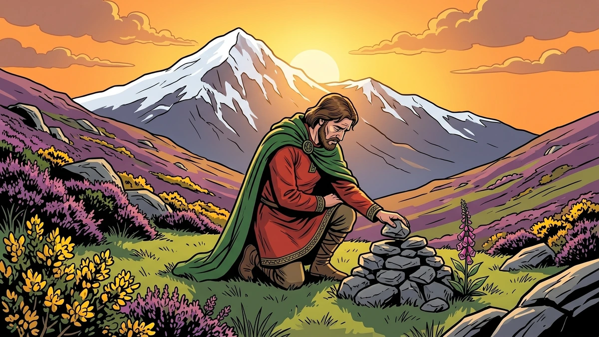 Llywelyn raises the cairn at Bedd Gelert beneath Yr Wyddfa