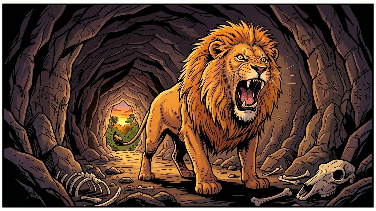 The lion roars inside the dark cave — Amar Chitra Katha style illustration