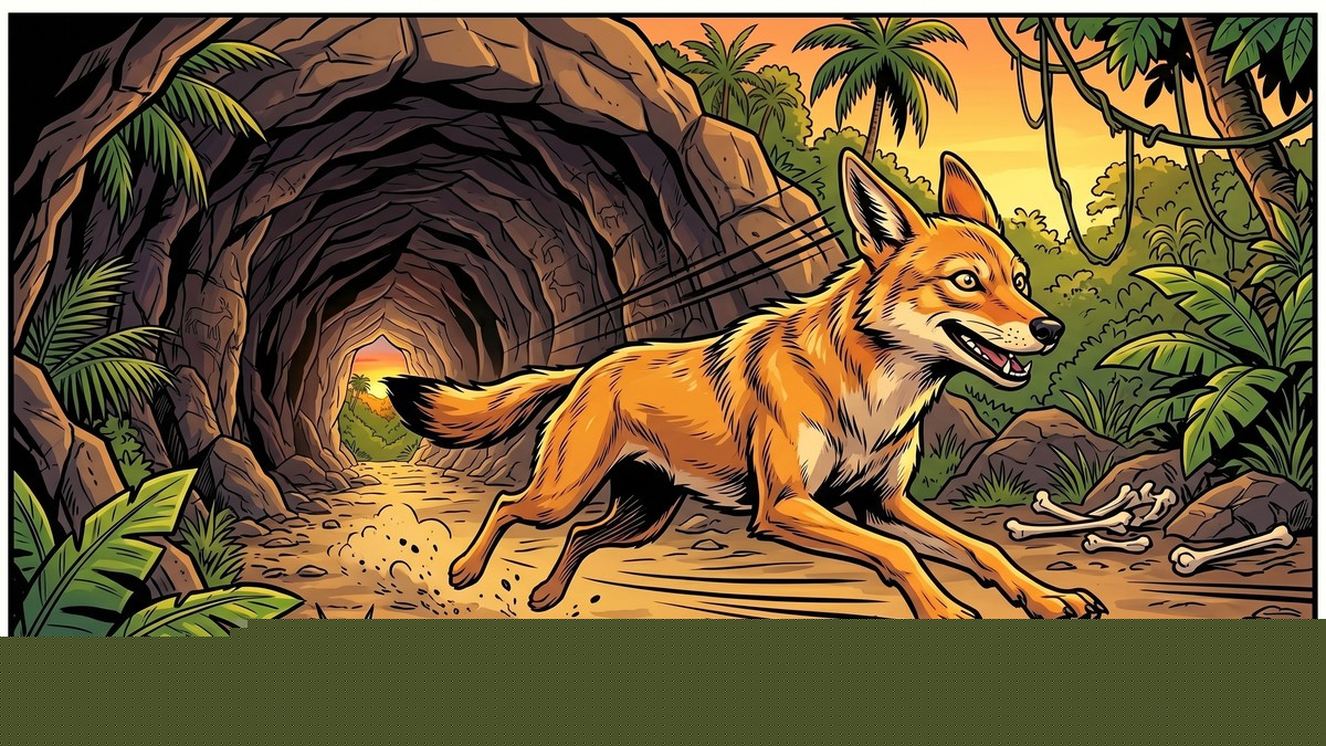 The jackal sprints away from the cave after hearing the lion's roar — Panchatantra