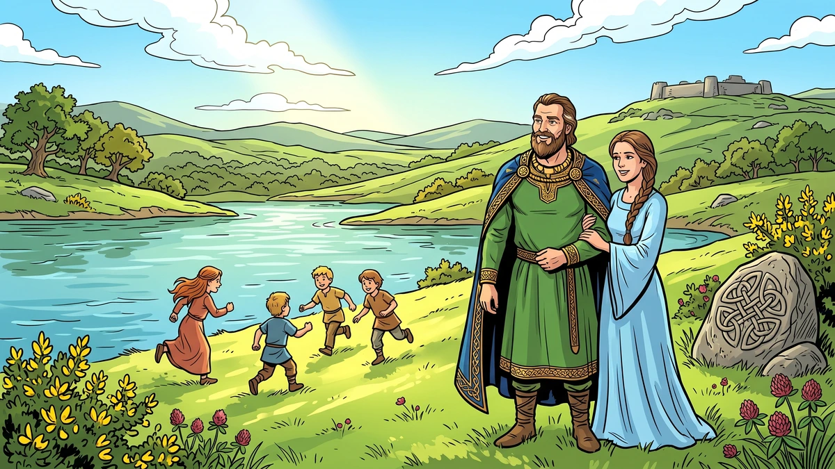 King Lir, his wife Aobh and their four children by an Irish lake