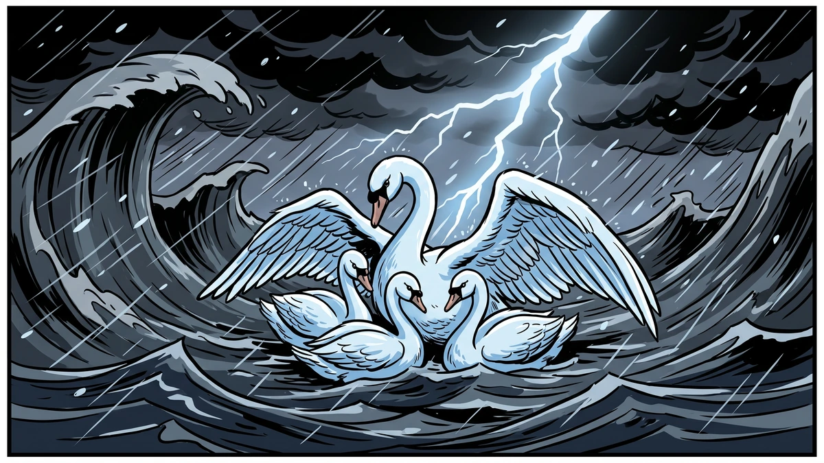 The four swans shelter together through a storm on the Sea of Moyle