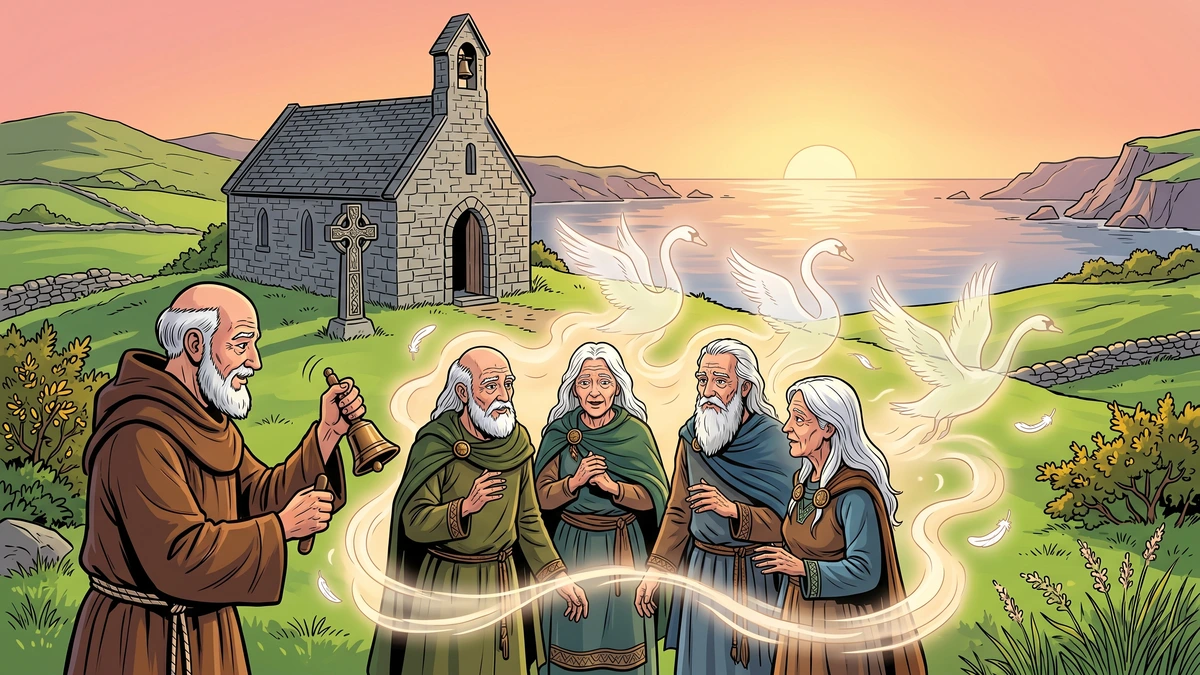 A Christian monk rings a bell as the swans become aged people