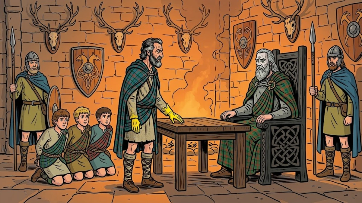 Conal Yellowclaw and his three sons walk down the misty Highland glen in the dawn light, on their way to the king's hall.