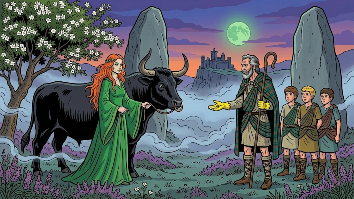 Conal stands before the King of Erin in the antler-hung stone hall, with his three bound sons kneeling behind and the king's spearmen flanking the bog-oak chair.