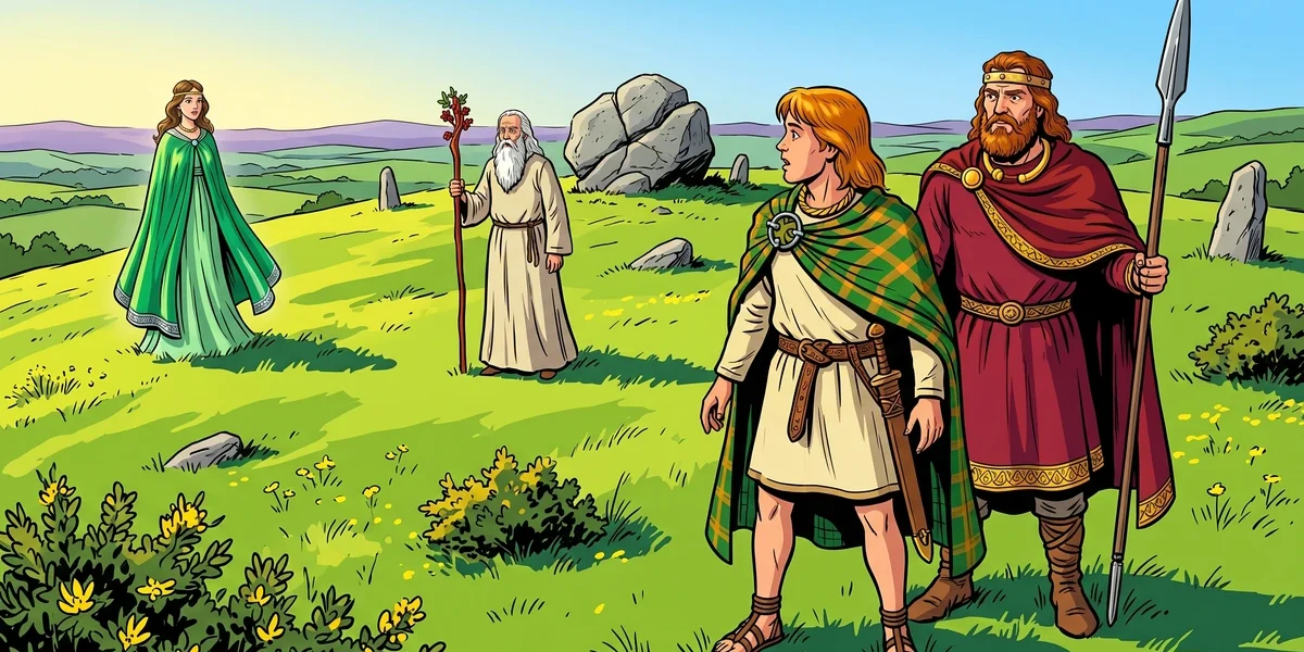 Connla, Conn of the Hundred Battles, the druid Coran and the otherworldly fairy maiden on the Hill of Uisneach