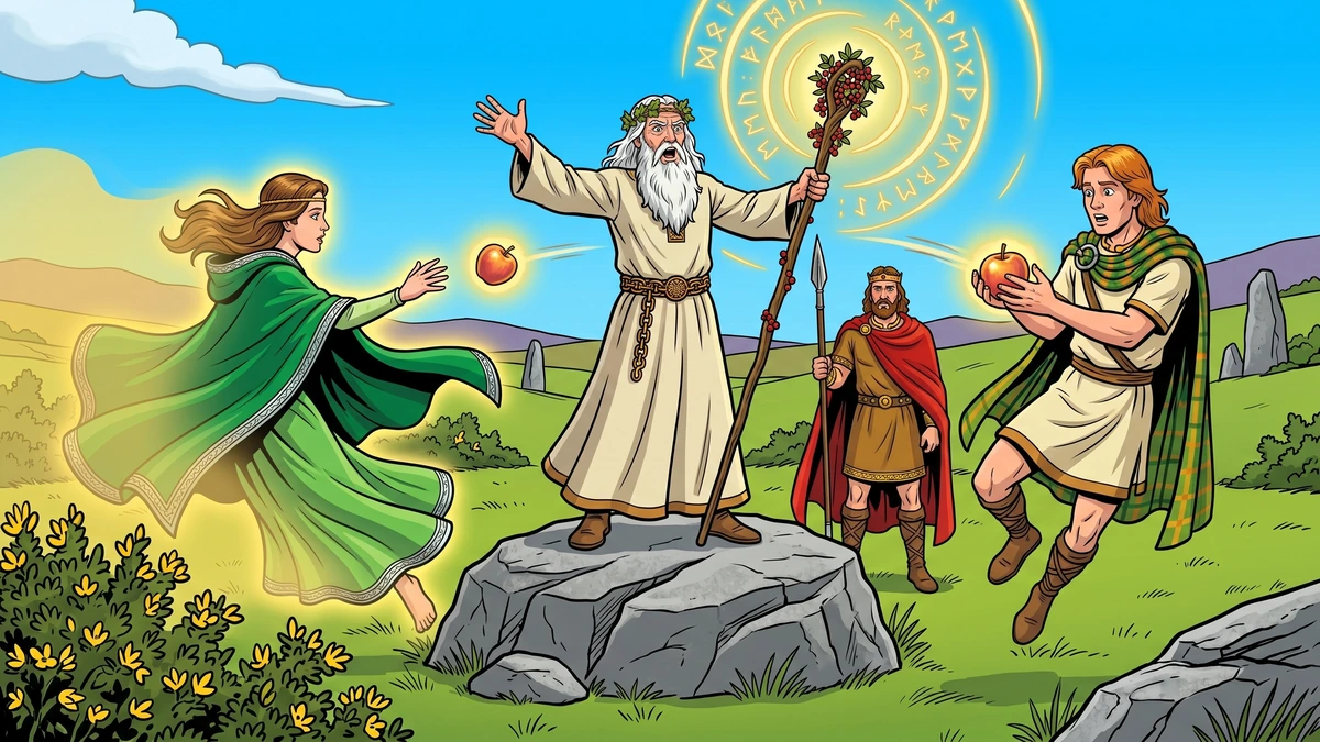 Scene II — Coran the druid drives the fairy woman back with a rowan-staff chant; she throws the magical apple to Connla