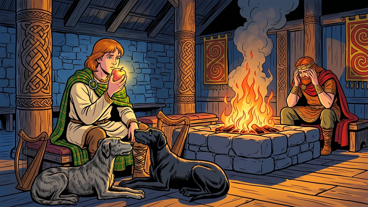 Scene III — Connla at the hearth of Tara, eating from the apple that does not diminish, while King Conn grieves opposite