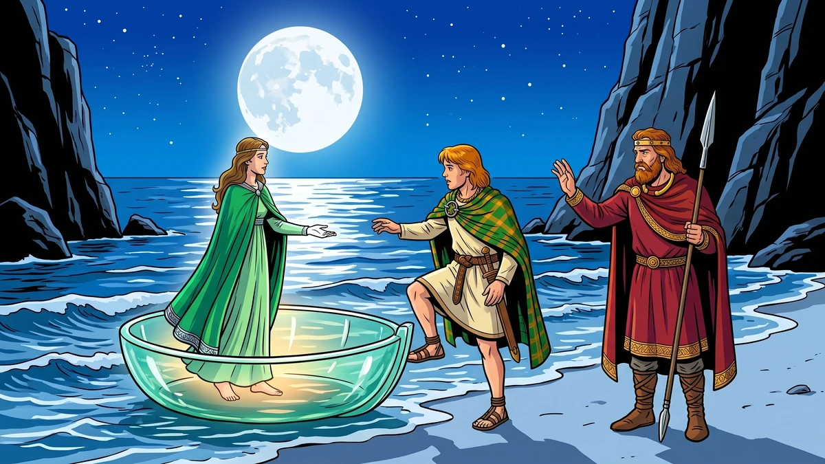 Scene IV — The glass coracle (curach gloine) on the moonlit Atlantic strand; Connla boards it as Conn of the Hundred Battles raises his hand in blessing