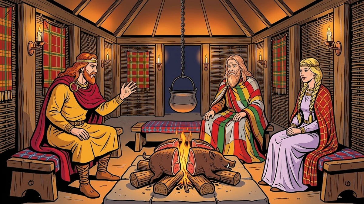 Cormac with Manannán in disguise and his lady inside the bronze-roofed Otherworld house — the cooking of truth