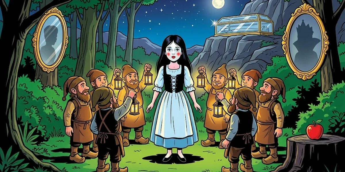 Snowdrop (Brothers Grimm KHM 53) Amar Chitra Katha cover: little Snowdrop with seven dwarf miners holding lanterns in moonlit Hessian forest, glass coffin and magic mirror behind