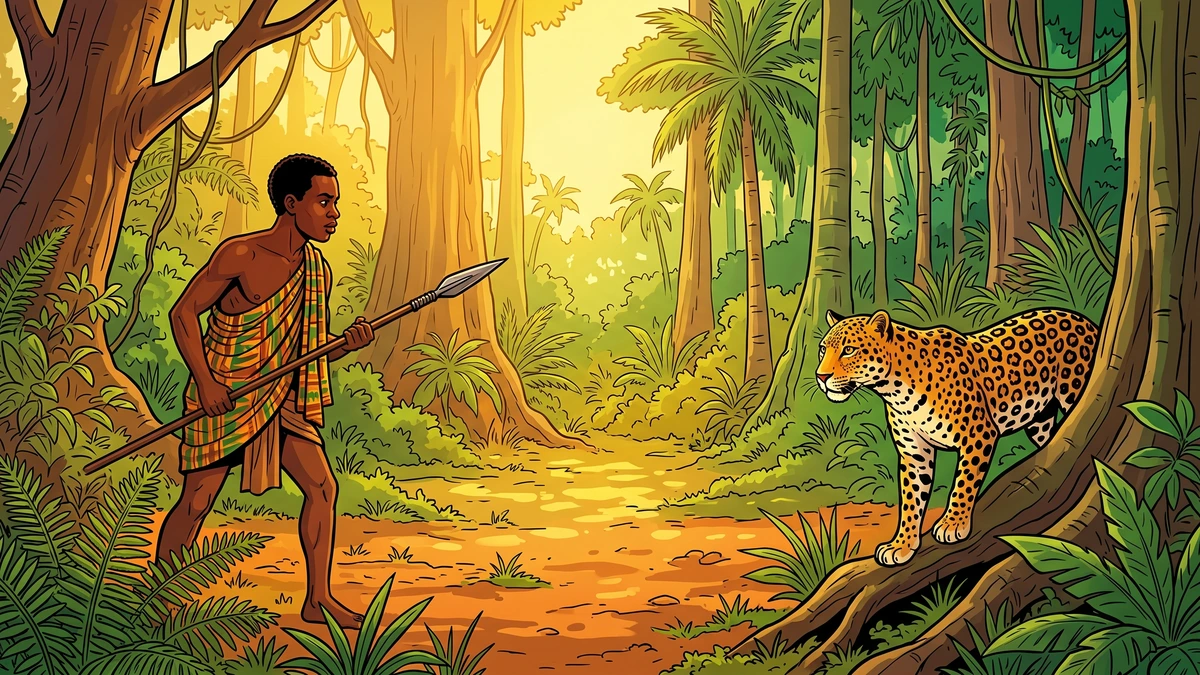 Amar Chitra Katha style illustration of an Akan hunter and a leopard meeting warily in a Gold Coast forest clearing