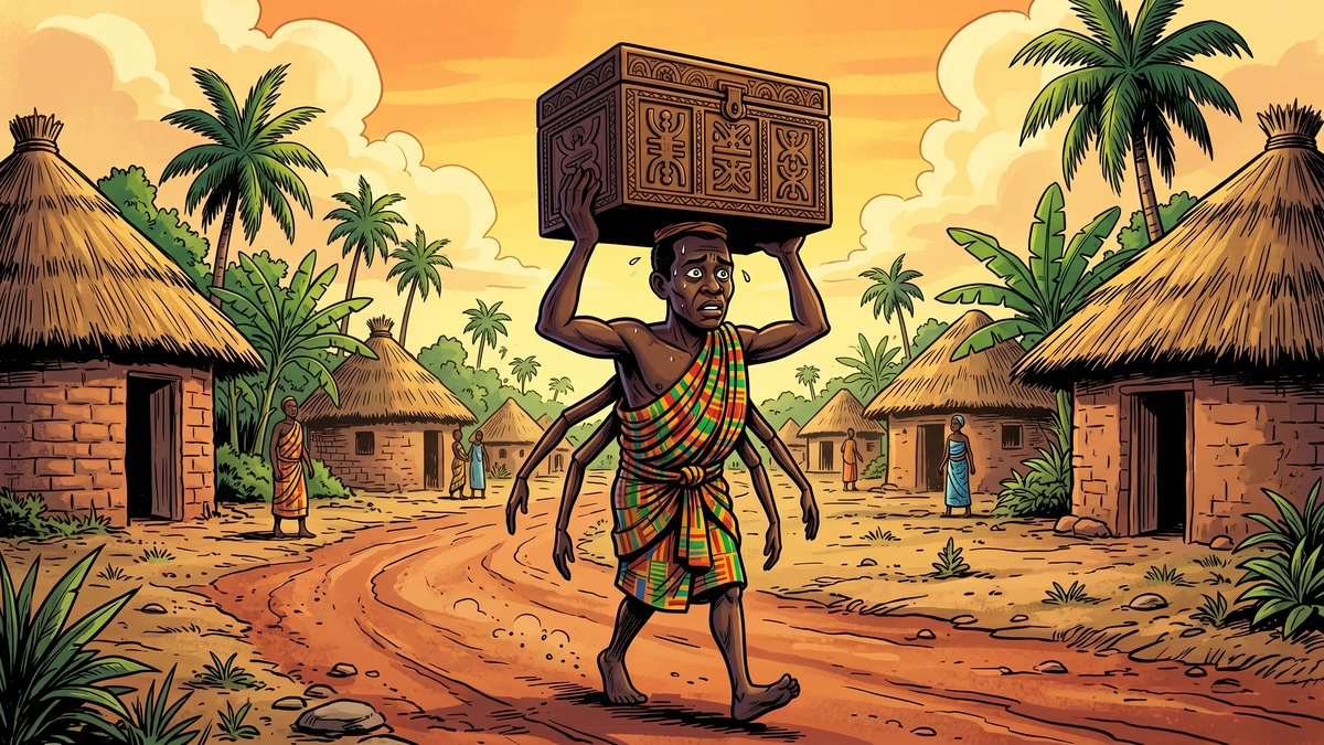 Amar Chitra Katha style illustration of Anansi the spider-man carrying a heavy enchanted box on his head along a Gold Coast road