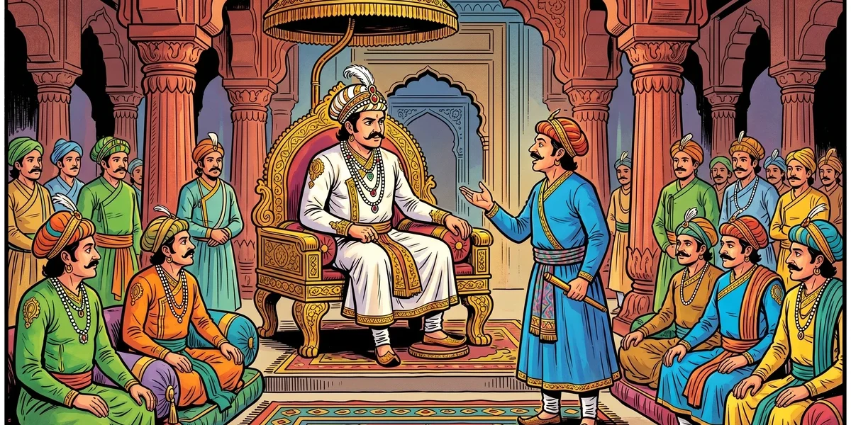 Birbal and Emperor Akbar in the Mughal darbar court — Birbal's Khichdi Indian folk tale cover illustration