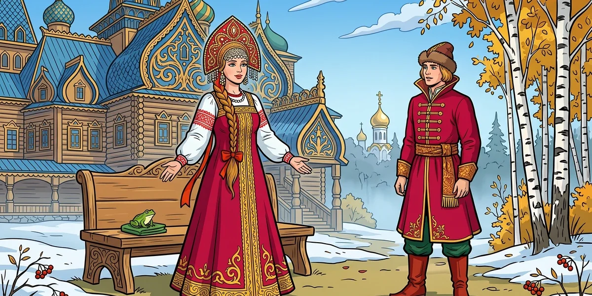 Vasilisa Premudraya the Wise and Ivan Tsarevich stand in front of the Russian wooden tsar's palace with the small green frog on the bench, Amar Chitra Katha style colour illustration