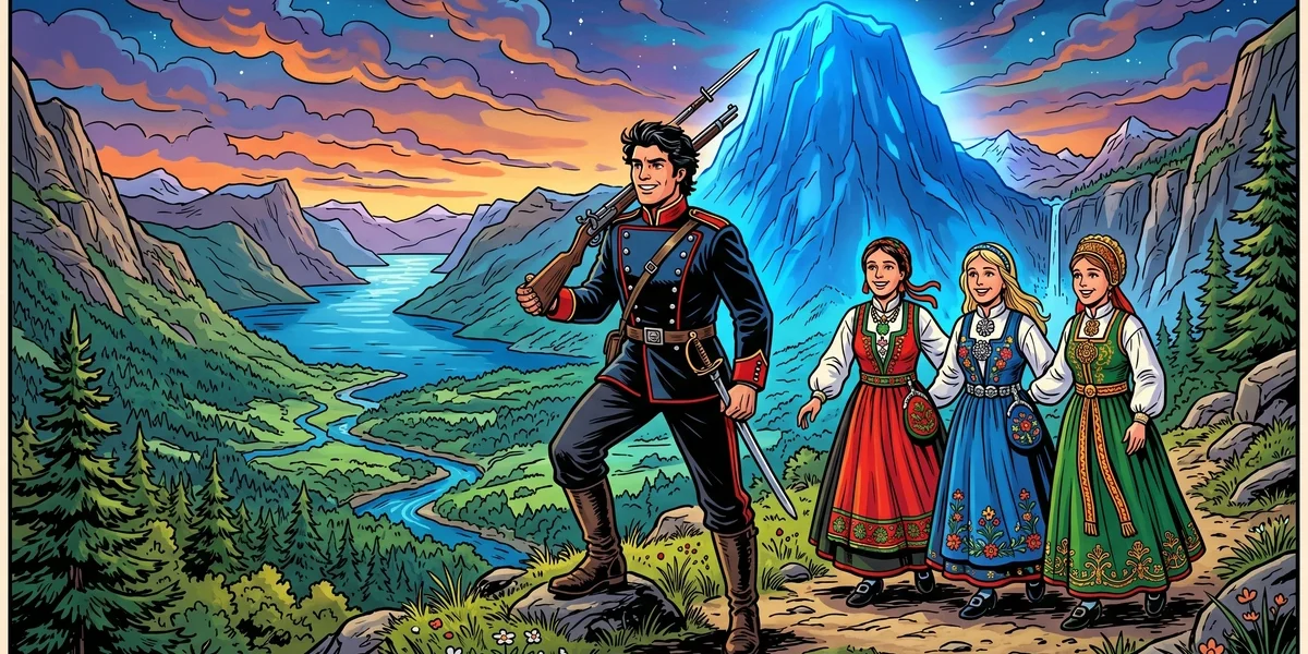 A brave Norwegian soldier hero, three rescued princesses in colourful bunad dresses, and the towering glowing Blue Mountain above a fjord valley - vibrant Amar Chitra Katha comic style