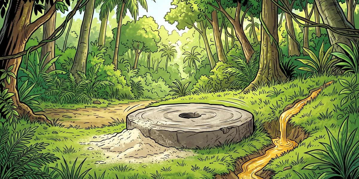 The magic grinding-stone that grinds flour by itself in a sunlit West African rainforest clearing with a stream of honey beside it, vibrant Amar Chitra Katha comic style