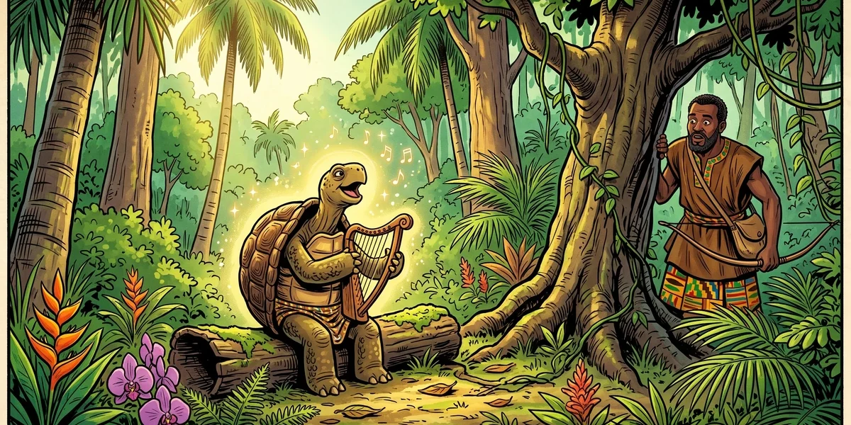 A tortoise playing a tiny harp and singing in a magical sunlit West African rainforest glade while an Akan hunter watches in wonder, vibrant Amar Chitra Katha comic style