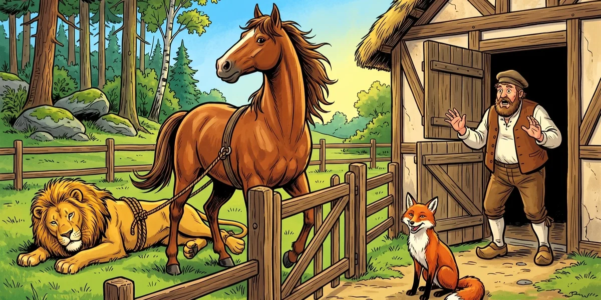 The Fox and the Horse Brothers Grimm KHM 132 cover - chestnut horse and tawny lion at German farm gate